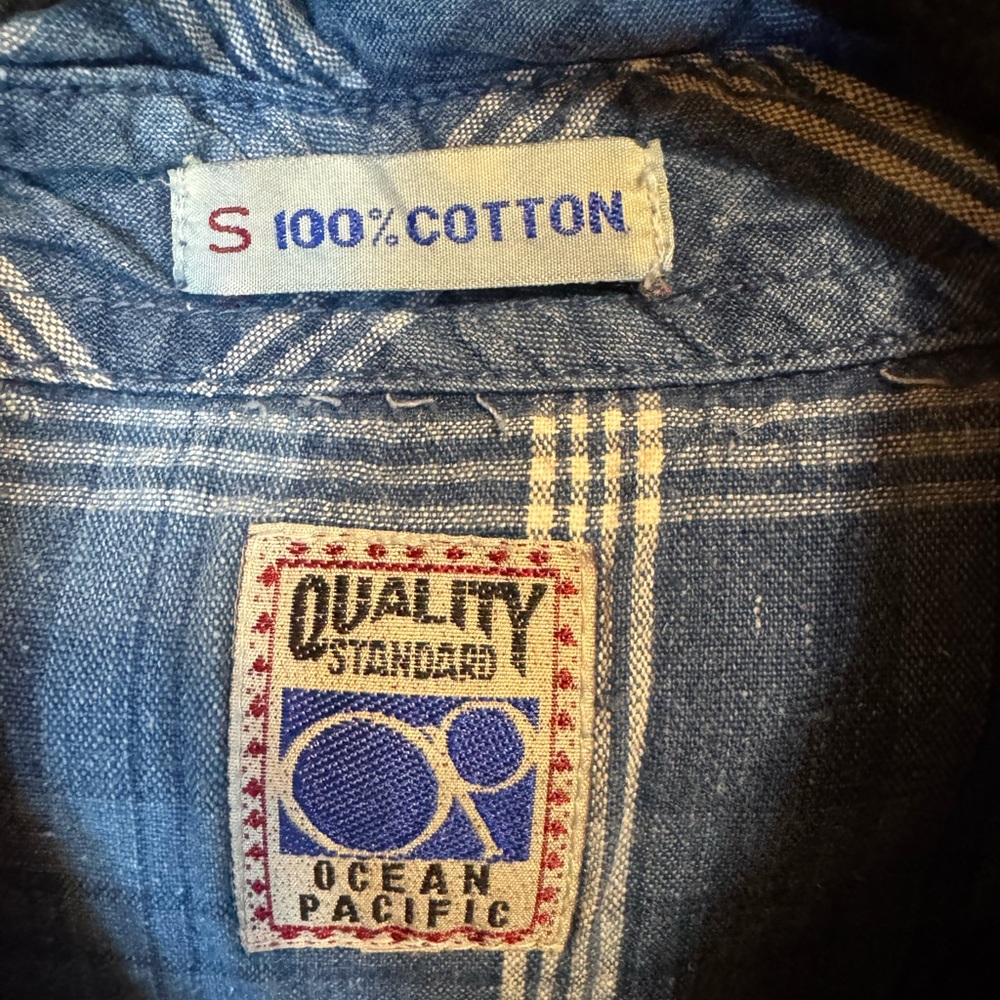 Vintage Checkered Plaid Denim Patch Ocean Pacific Long Sleeve Button Shirt‎ SML - Picture 4 of 9